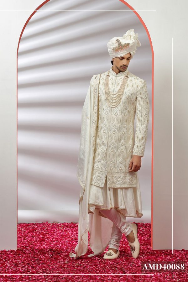 Traditional Frost Off White Embroidered Sherwani Set 40088 - Image 2