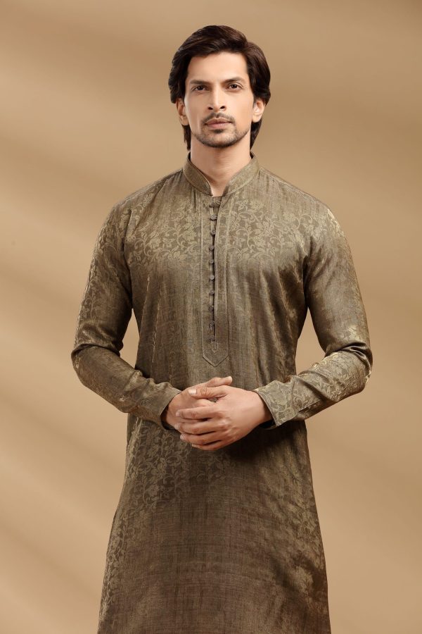 Antique Gold Jacquard Silk Kurta Set 90175 - Image 3