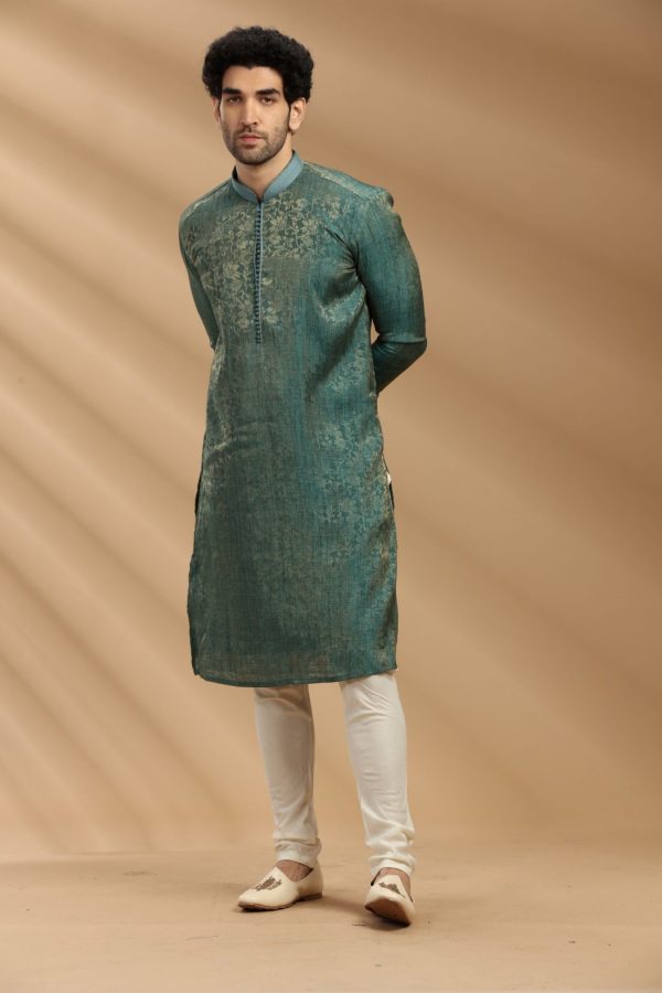 Green Jacquard Silk Kurta Set 90143