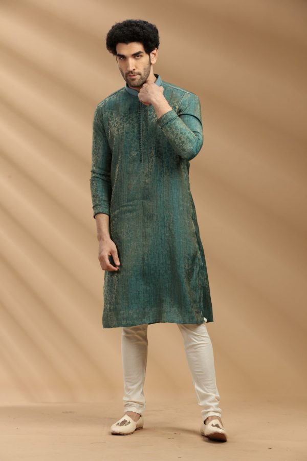 Green Jacquard Silk Kurta Set 90143 - Image 2