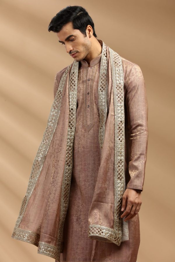 Peach Jacquard Silk Kurta Set 90160