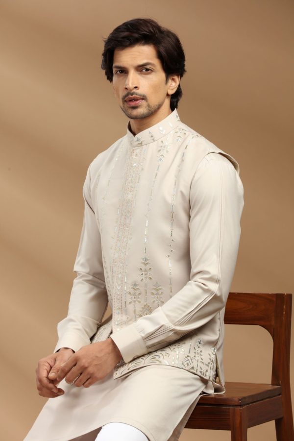 Beign color silk fabric Mens kurta set with waistcoat 80472 - Image 2