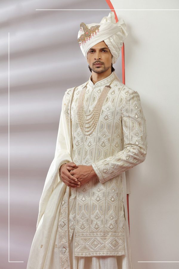 Traditional Frost Off White Embroidered Sherwani Set 40088