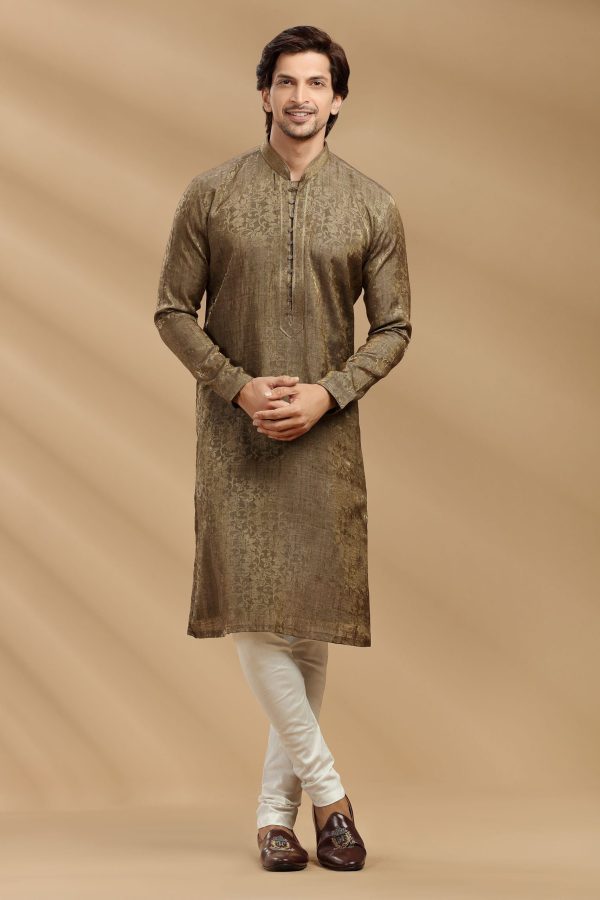 Antique Gold Jacquard Silk Kurta Set 90175