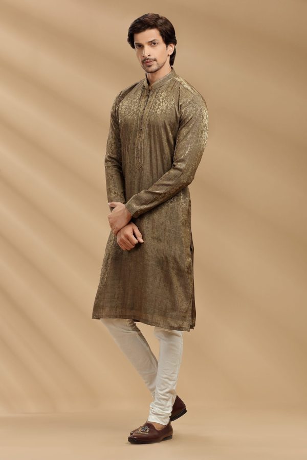 Antique Gold Jacquard Silk Kurta Set 90175 - Image 2