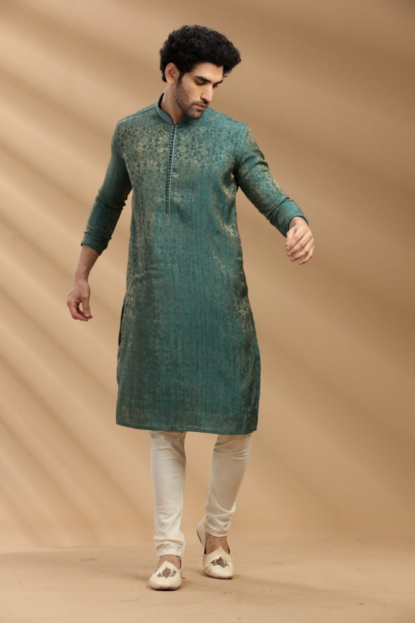 Green Jacquard Silk Kurta Set 90143 - Image 3