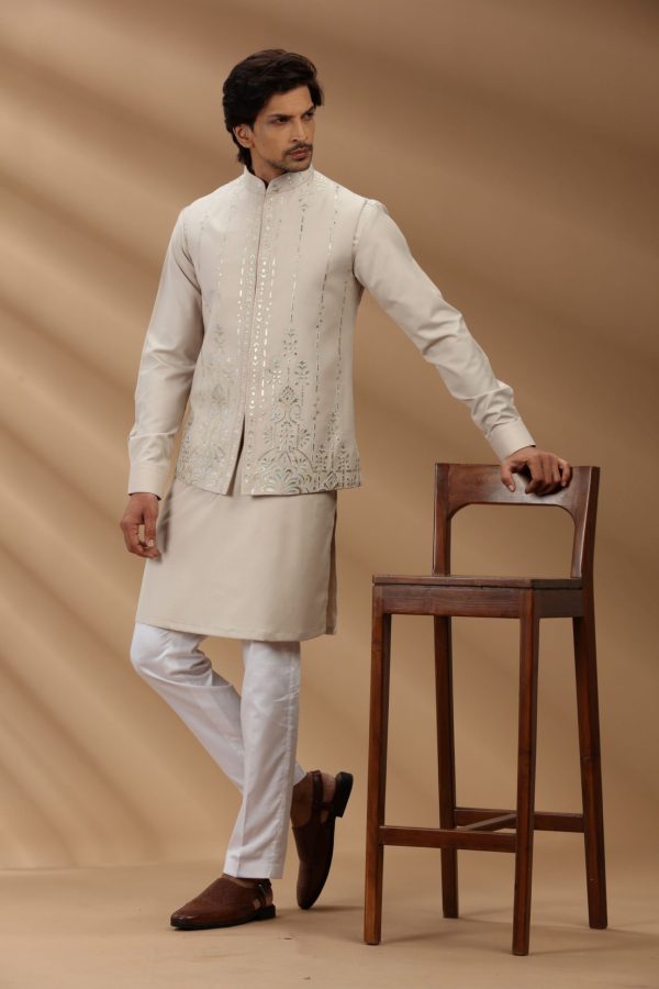 Beign color silk fabric Mens kurta set with waistcoat 80472