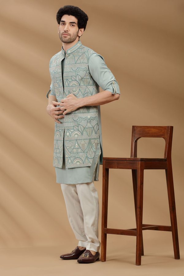 Pista color suiting fabric Mens kurta set with waistcoat 80473 - Image 2