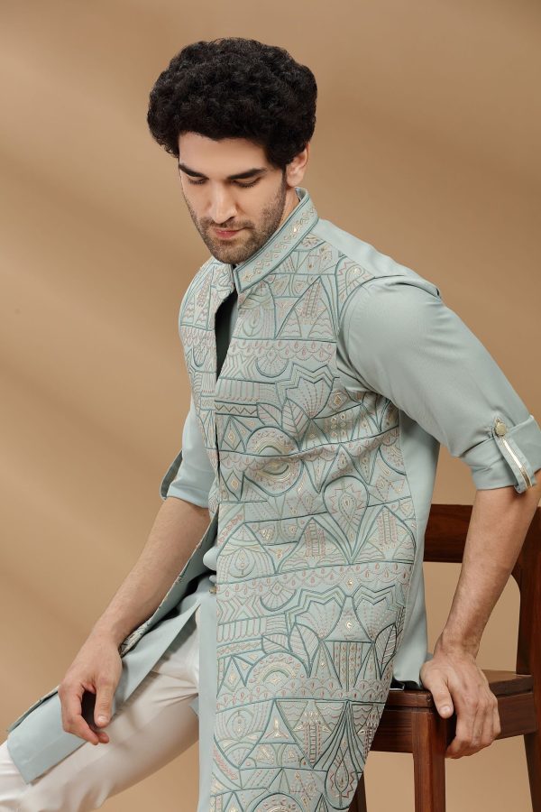 Pista color suiting fabric Mens kurta set with waistcoat 80473 - Image 3