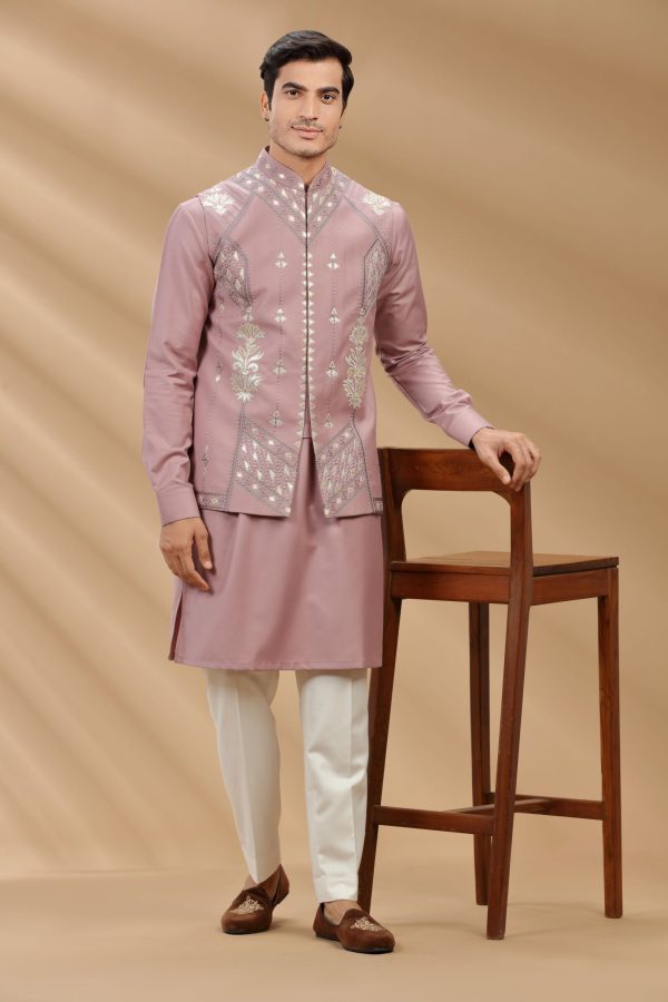 Onion color suiting fabric Mens kurta set with waistcoat 80383 - Image 3