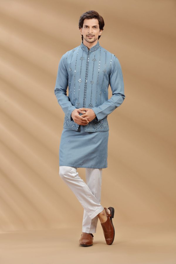 Denim Blue color suiting fabric Mens kurta set with waistcoat 80484 - Image 2