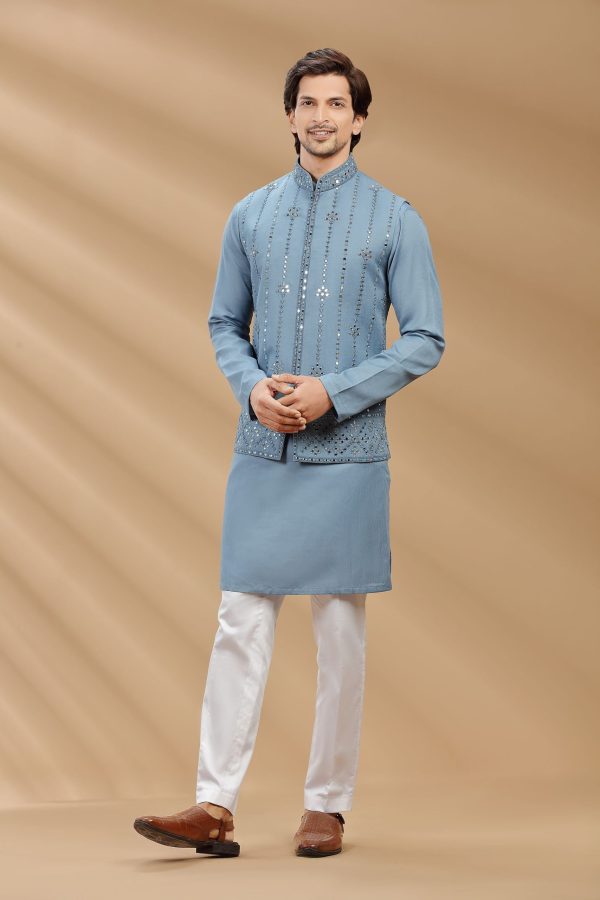 Denim Blue color suiting fabric Mens kurta set with waistcoat 80484