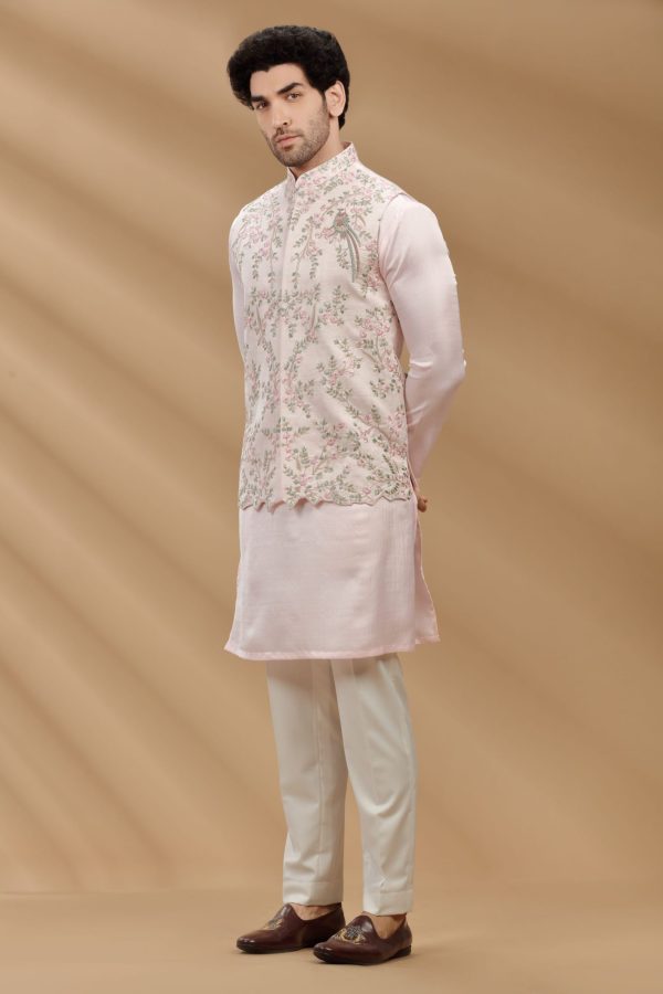 Baby Pink color art slik fabric Mens kurta set with waistcoat 80481