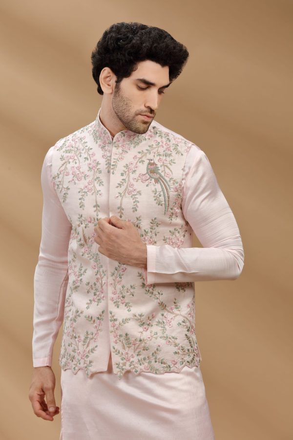 Baby Pink color art slik fabric Mens kurta set with waistcoat 80481 - Image 3