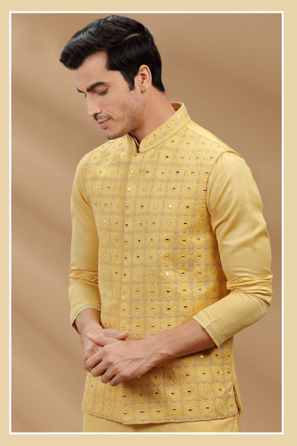 Haldi Yellow color art slik fabric Mens kurta set with waistcoat 80294 - Image 2