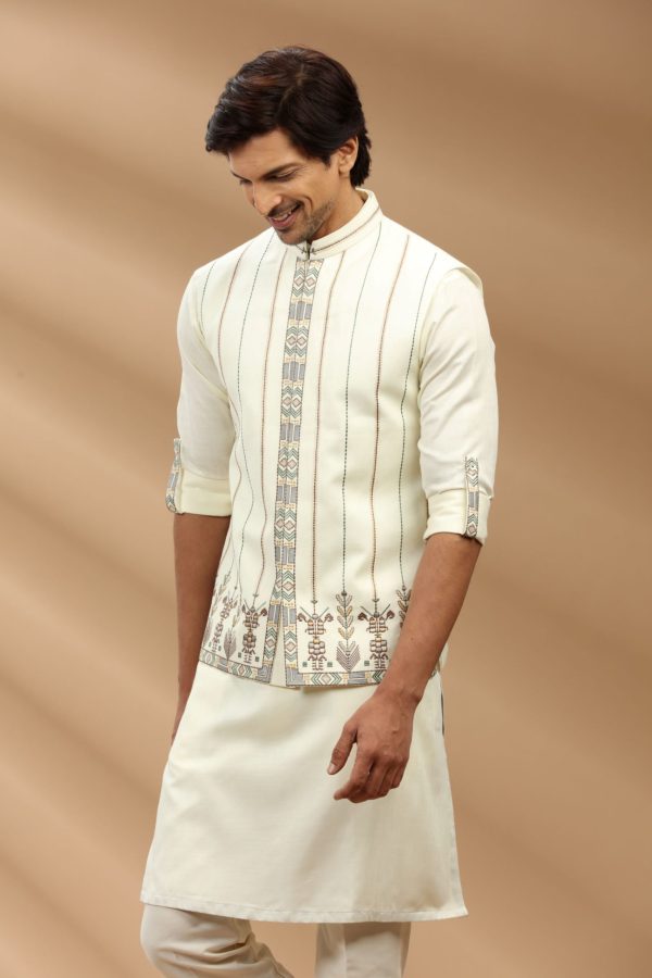 Off White color art slik fabric Mens kurta set with waistcoat A80326 - Image 3