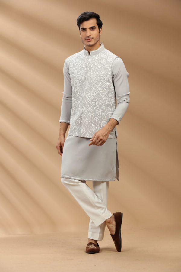 Grey color Suiting fabric Mens kurta set with waistcoat 80400 - Image 2