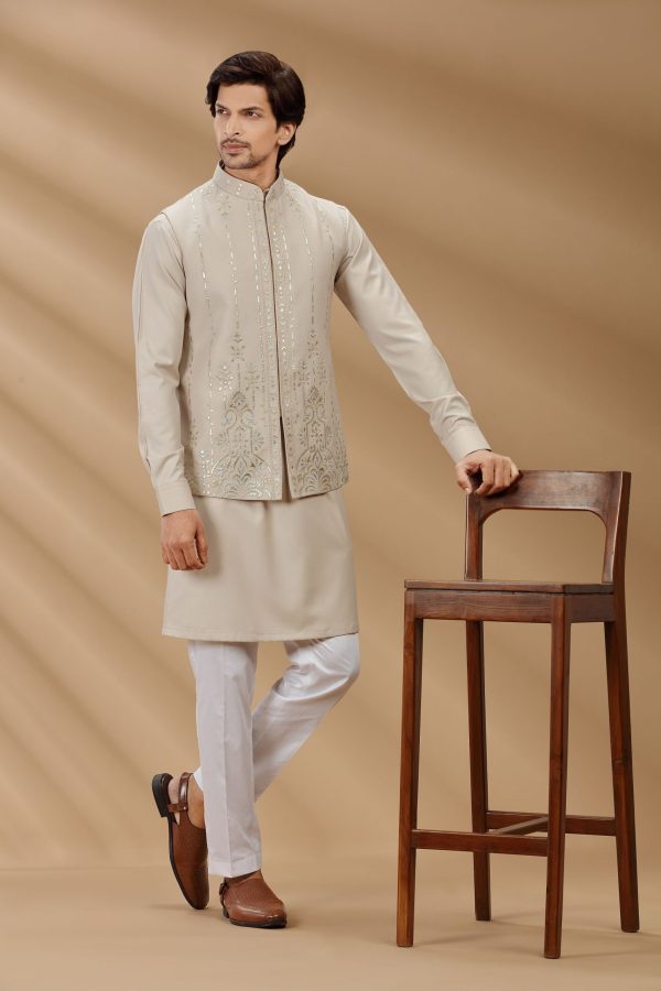 Beign color silk fabric Mens kurta set with waistcoat 80472 - Image 3