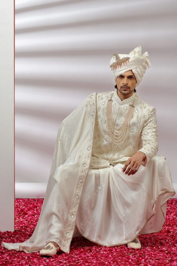 Traditional Frost Off White Embroidered Sherwani Set 40088 - Image 3