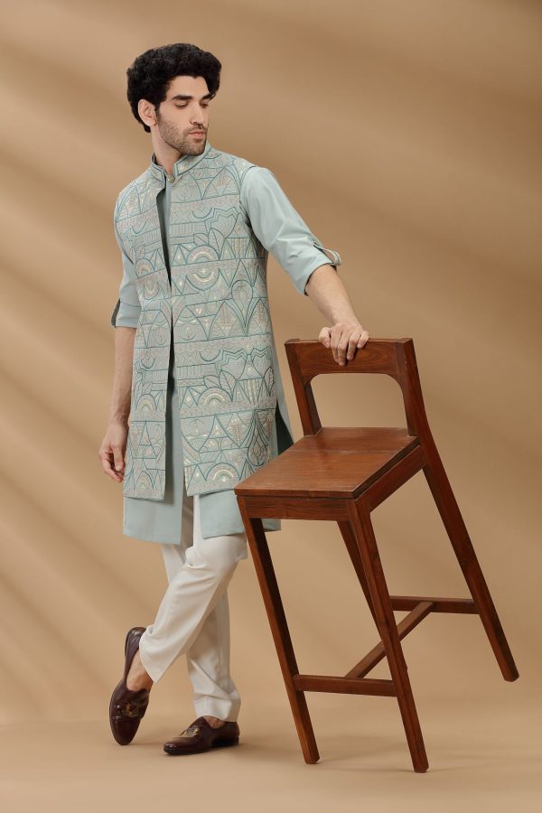 Pista color suiting fabric Mens kurta set with waistcoat 80473