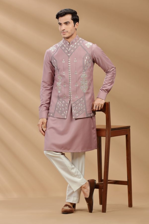 Onion color suiting fabric Mens kurta set with waistcoat 80383