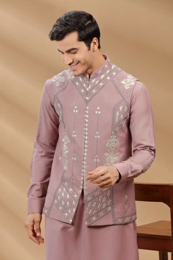 Onion color suiting fabric Mens kurta set with waistcoat 80383 - Image 2