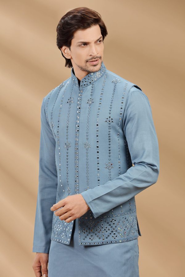 Denim Blue color suiting fabric Mens kurta set with waistcoat 80484 - Image 3