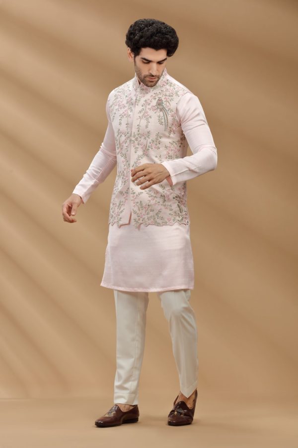 Baby Pink color art slik fabric Mens kurta set with waistcoat 80481 - Image 2