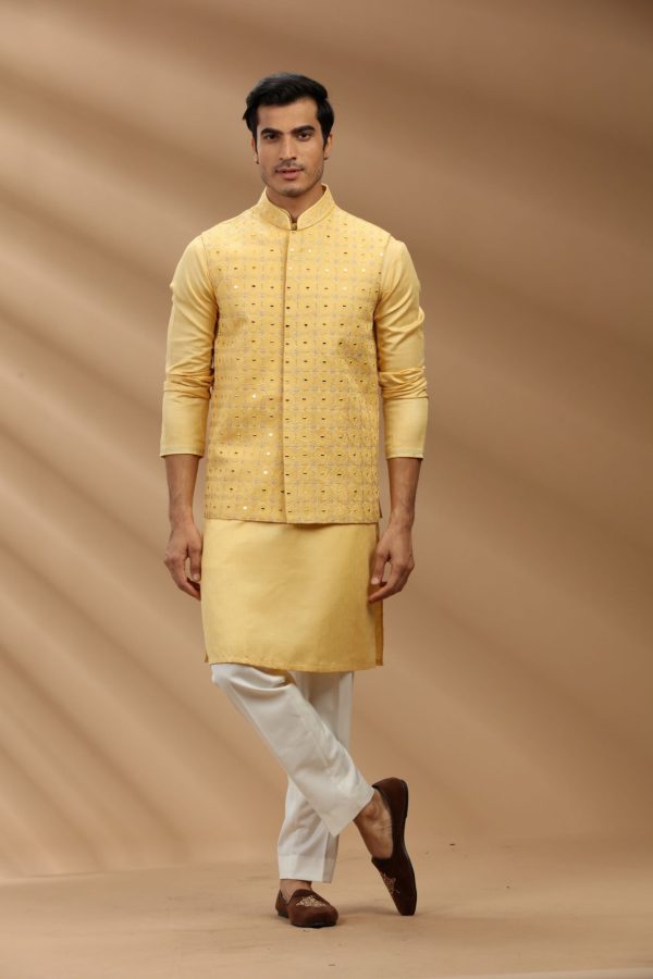 Haldi Yellow color art slik fabric Mens kurta set with waistcoat 80294