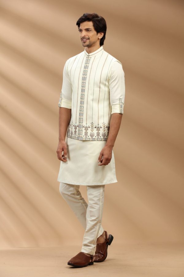 Off White color art slik fabric Mens kurta set with waistcoat A80326