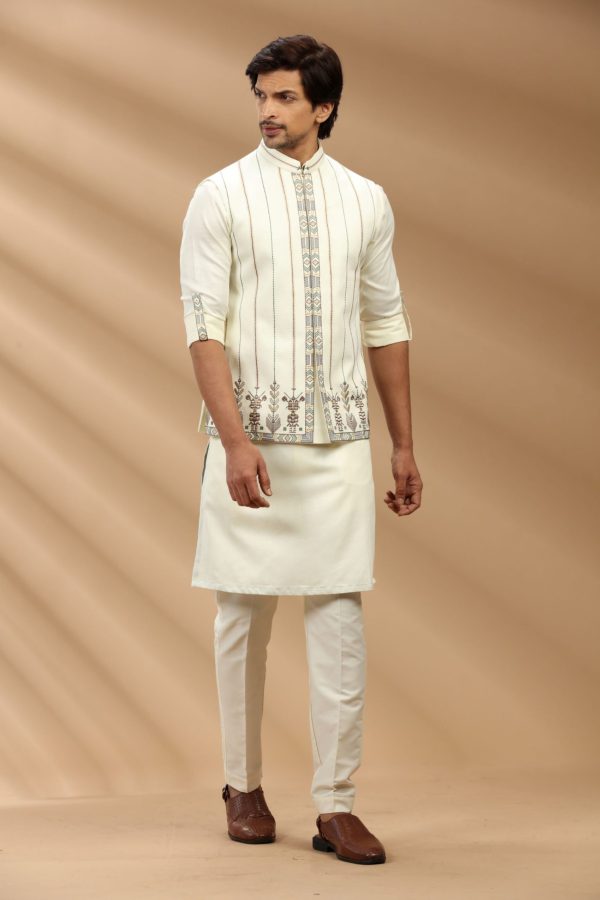 Off White color art slik fabric Mens kurta set with waistcoat A80326 - Image 2