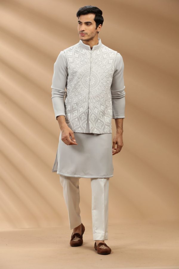 Grey color Suiting fabric Mens kurta set with waistcoat 80400