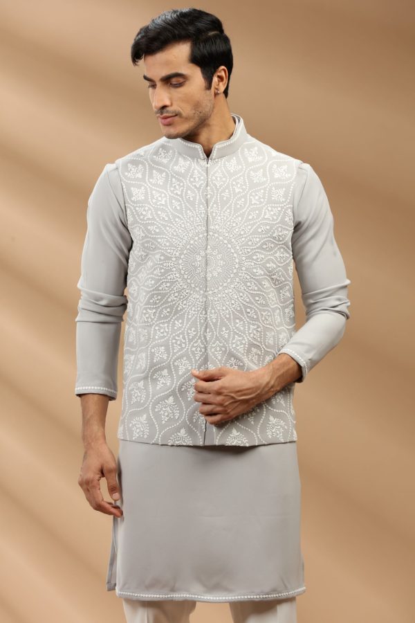 Grey color Suiting fabric Mens kurta set with waistcoat 80400 - Image 3