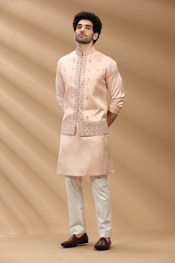 Peach color art slik fabric Mens kurta set with waistcoat 80482 - Image 3