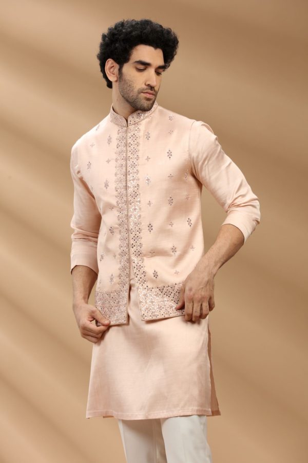 Peach color art slik fabric Mens kurta set with waistcoat 80482 - Image 2