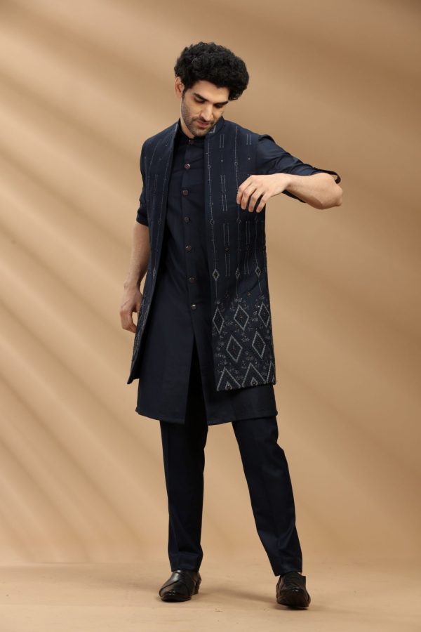 Navy Blue color Suiting fabric Mens kurta set with waistcoat 80412 - Image 2