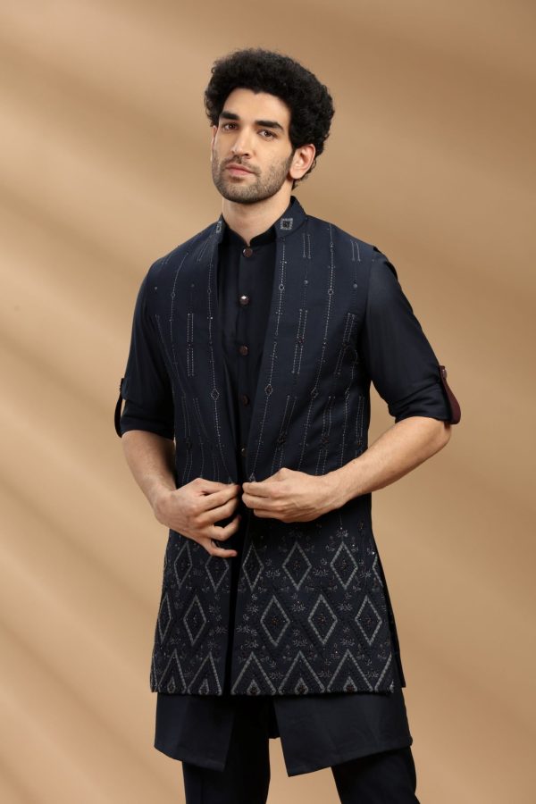 Navy Blue color Suiting fabric Mens kurta set with waistcoat 80412 - Image 3