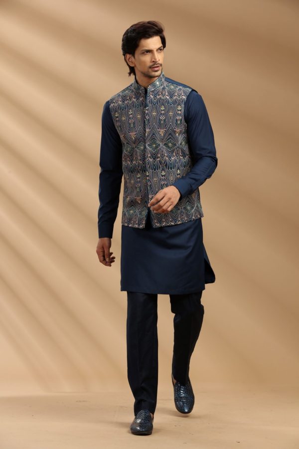 Navy Blue color Suiting fabric Mens kurta set with waistcoat 80480