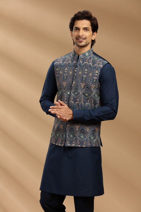 Navy Blue color Suiting fabric Mens kurta set with waistcoat 80480 - Image 2