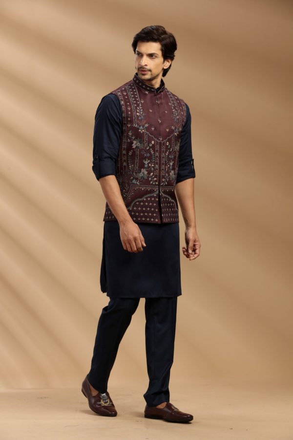 Wine/Navy Blue color Suiting fabric Mens kurta set 80464