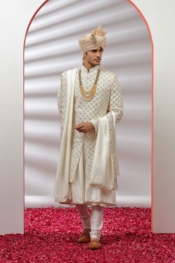 Traditional Frost Off White Embroidered Sherwani Set 40081