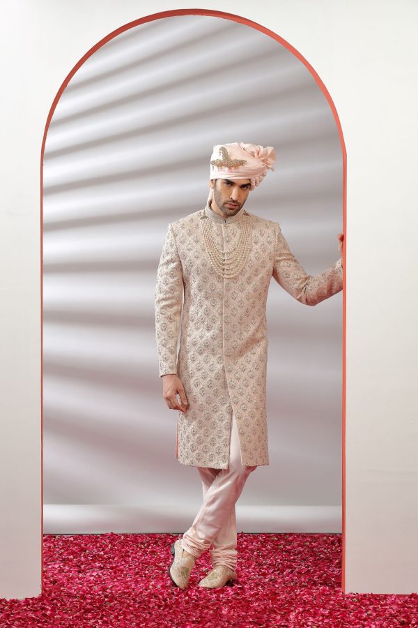 Salmon Peach Embroidered Silk Sherwani Set 40163