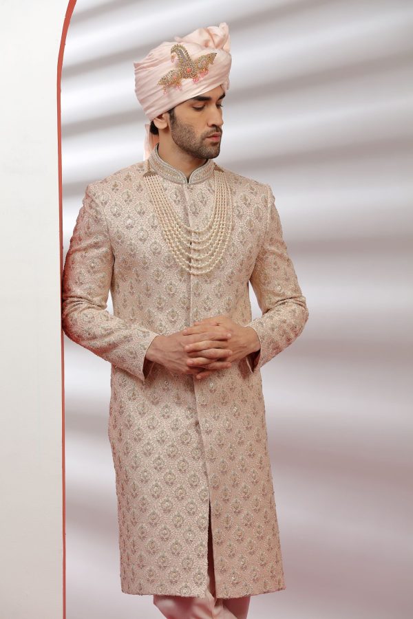 Salmon Peach Embroidered Silk Sherwani Set 40163 - Image 2