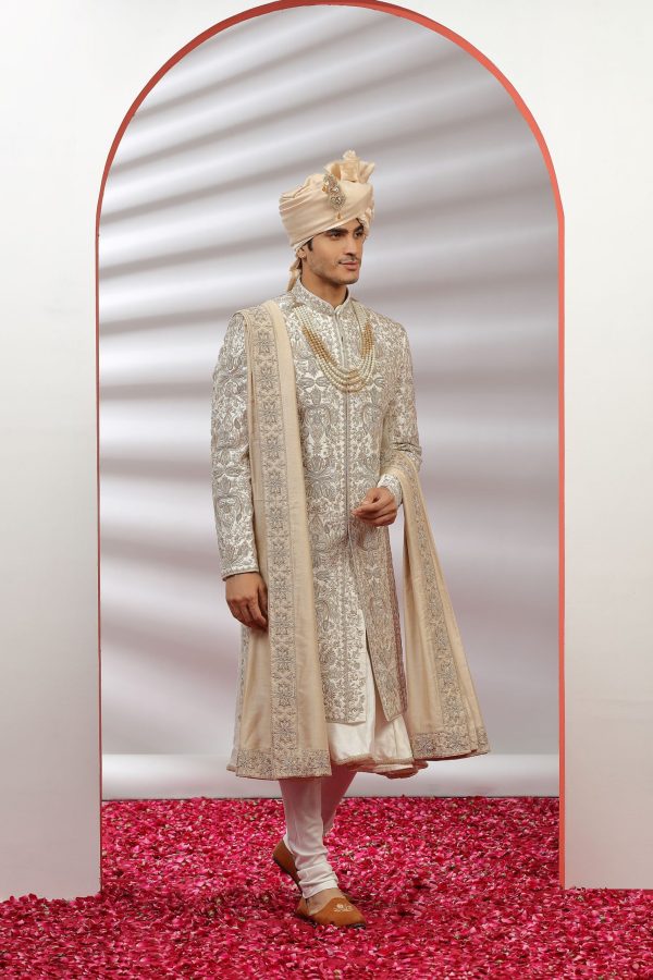 Royal Cream Gold Embroidered Sherwani Set 40055 - Image 2