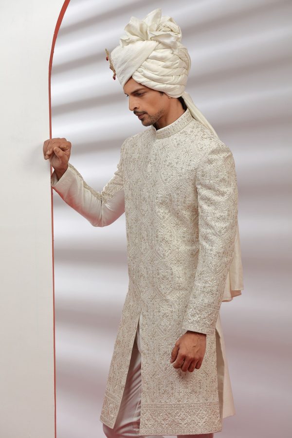 Traditional Frost Off White Embroidered Sherwani Set 40200 - Image 3