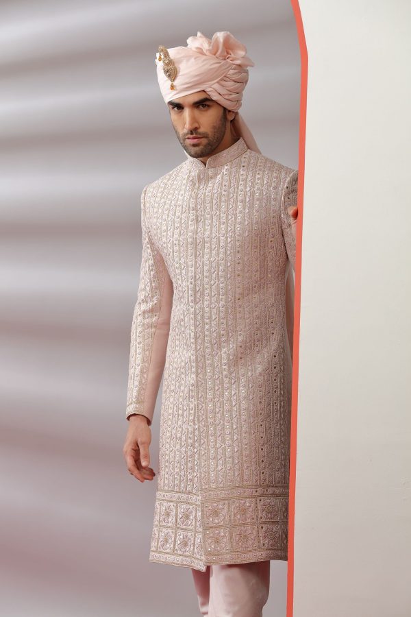 Royal Peach Sherwani set With Intricate Threadwork 40187 - Image 3