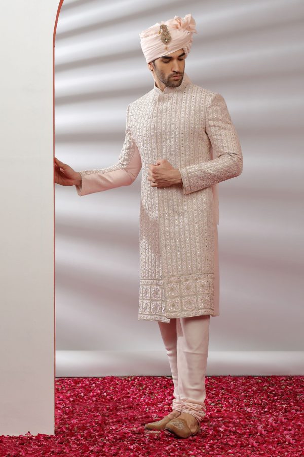 Royal Peach Sherwani set With Intricate Threadwork 40187