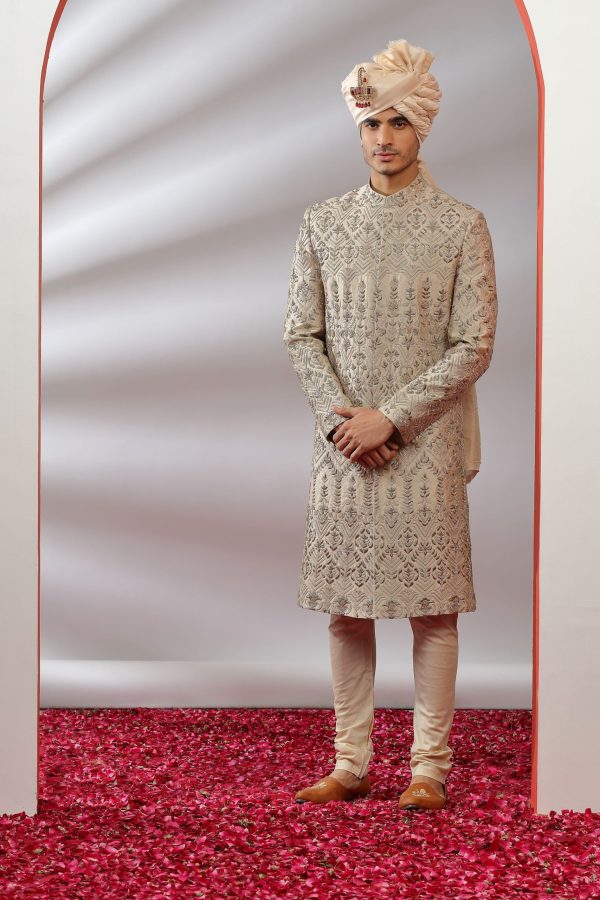 Classic Golden Beige Embellished Pure Raw Silk Sherwani Set 40102 - Image 2