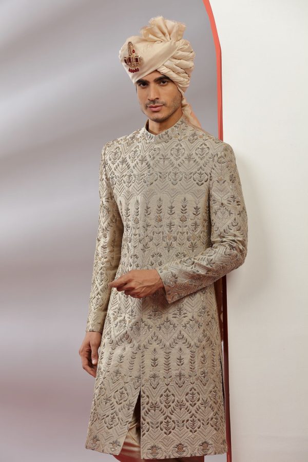 Classic Golden Beige Embellished Pure Raw Silk Sherwani Set 40102 - Image 3