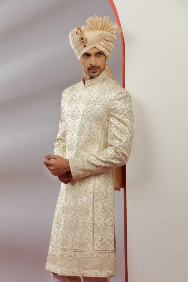 Rich Cream Silk Sherwani Set 40185 - Image 3